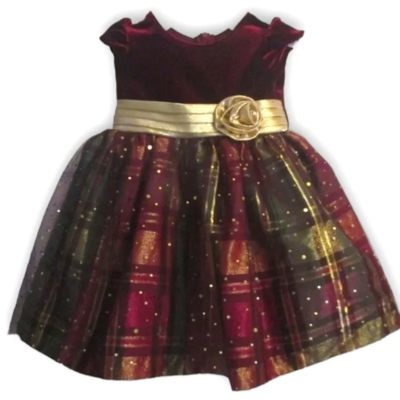 Bonnie Jean Gold, Green, & Red Velvet Plaid & Sparkle Holiday Christmas Dress,2T